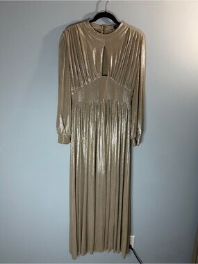 Beulah Style Metallic Pleated Maxi Dress Champagne Gold Sz M